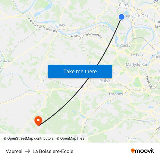 Vaureal to La Boissiere-Ecole map