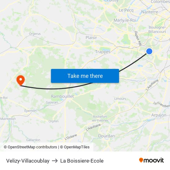 Velizy-Villacoublay to La Boissiere-Ecole map
