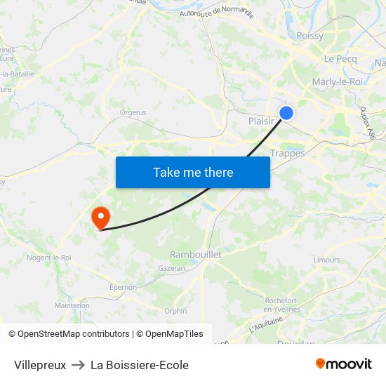 Villepreux to La Boissiere-Ecole map