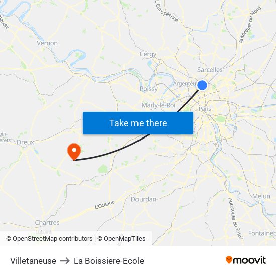 Villetaneuse to La Boissiere-Ecole map