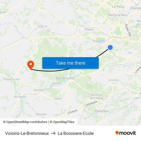 Voisins-Le-Bretonneux to La Boissiere-Ecole map