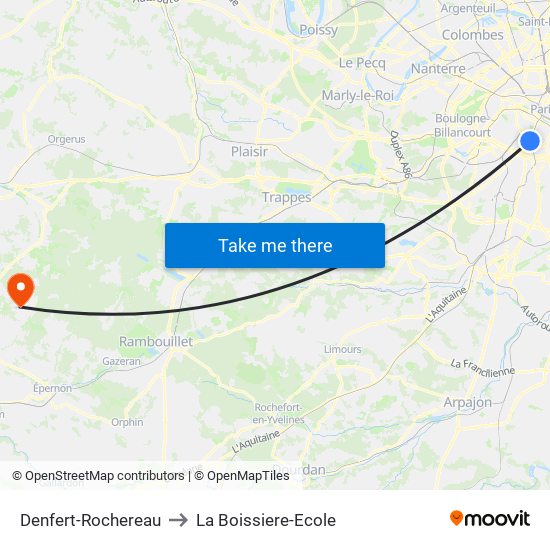 Denfert-Rochereau to La Boissiere-Ecole map