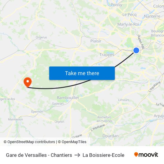 Gare de Versailles - Chantiers to La Boissiere-Ecole map