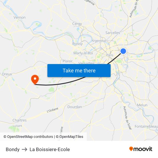Bondy to La Boissiere-Ecole map