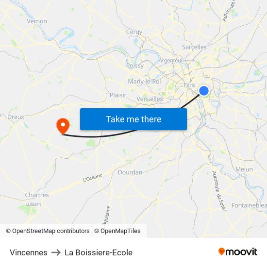 Vincennes to La Boissiere-Ecole map