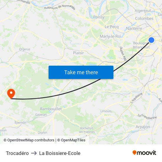 Trocadéro to La Boissiere-Ecole map