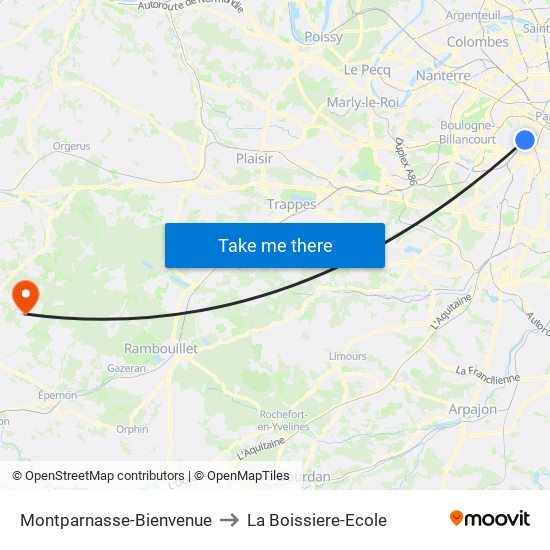 Montparnasse-Bienvenue to La Boissiere-Ecole map