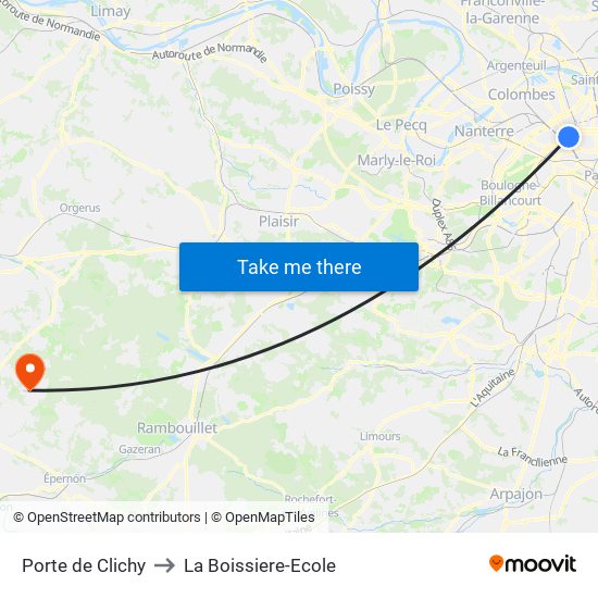 Porte de Clichy to La Boissiere-Ecole map