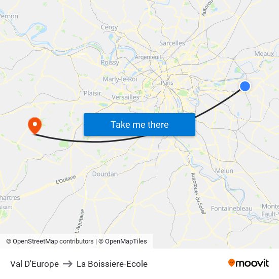 Val D'Europe to La Boissiere-Ecole map