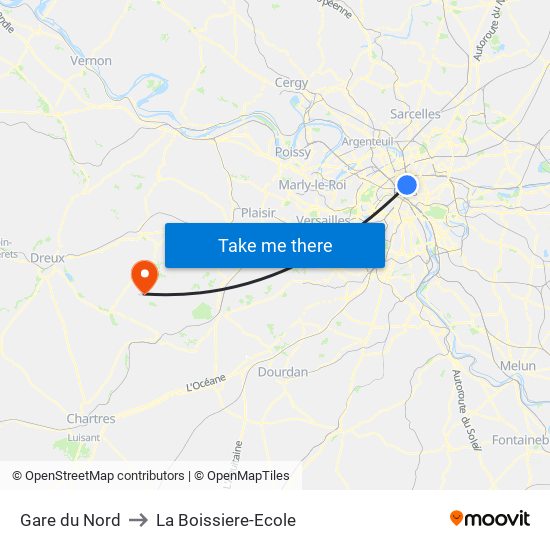 Gare du Nord to La Boissiere-Ecole map