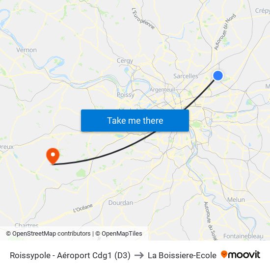 Roissypole - Aéroport Cdg1 (D3) to La Boissiere-Ecole map