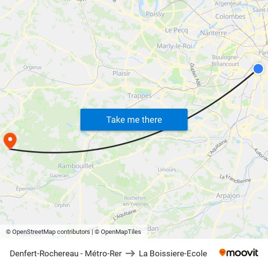 Denfert-Rochereau - Métro-Rer to La Boissiere-Ecole map
