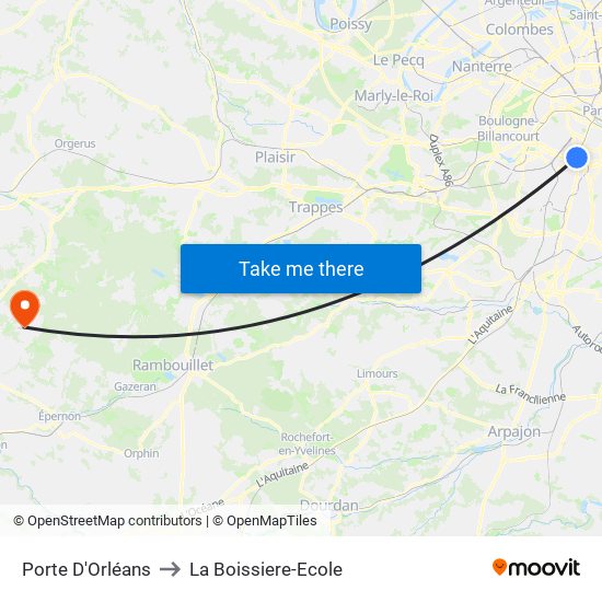 Porte D'Orléans to La Boissiere-Ecole map