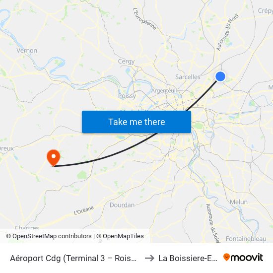 Aéroport Cdg (Terminal 3 – Roissypôle) to La Boissiere-Ecole map