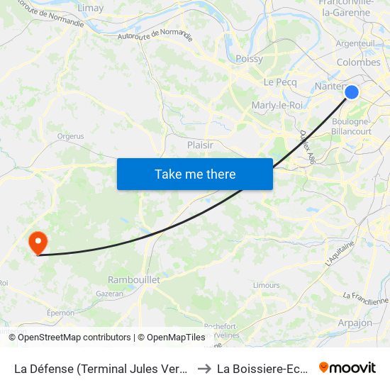 La Défense (Terminal Jules Verne) to La Boissiere-Ecole map