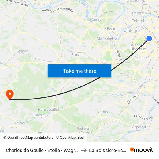 Charles de Gaulle - Étoile - Wagram to La Boissiere-Ecole map