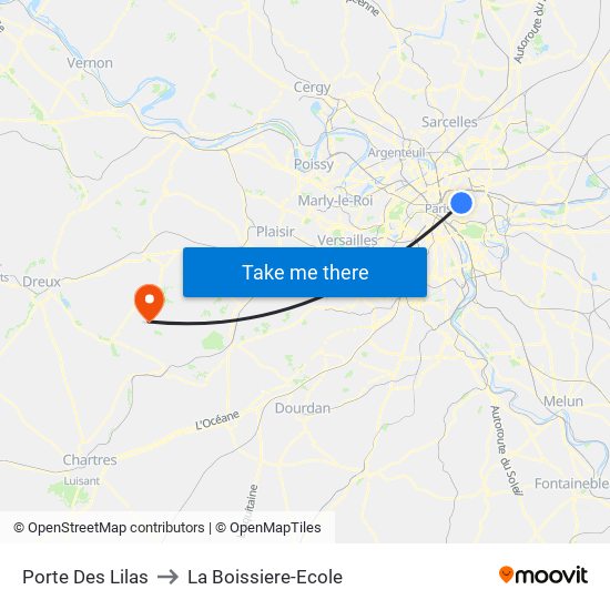 Porte Des Lilas to La Boissiere-Ecole map