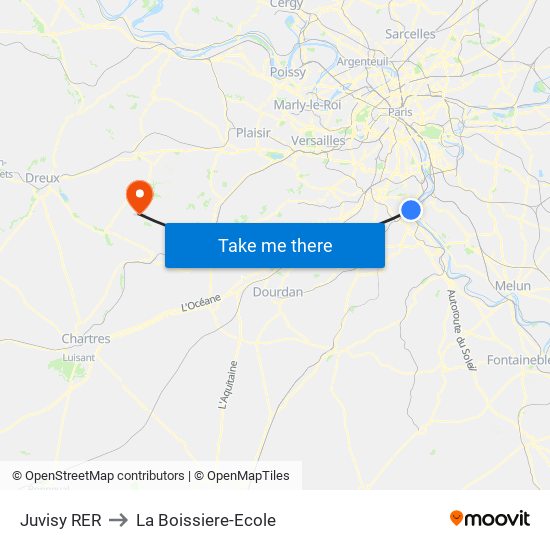 Juvisy RER to La Boissiere-Ecole map
