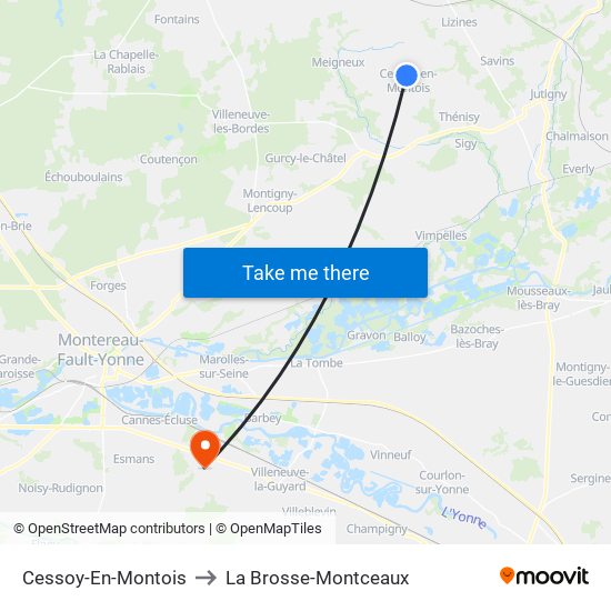 Cessoy-En-Montois to La Brosse-Montceaux map