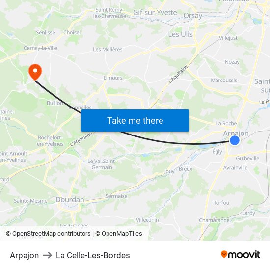 Arpajon to La Celle-Les-Bordes map