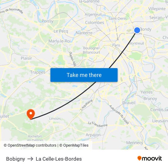 Bobigny to La Celle-Les-Bordes map