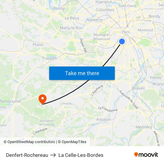 Denfert-Rochereau to La Celle-Les-Bordes map