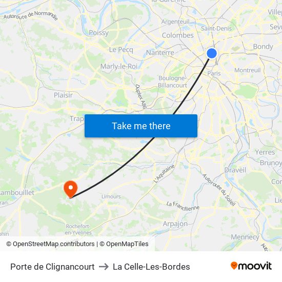 Porte de Clignancourt to La Celle-Les-Bordes map