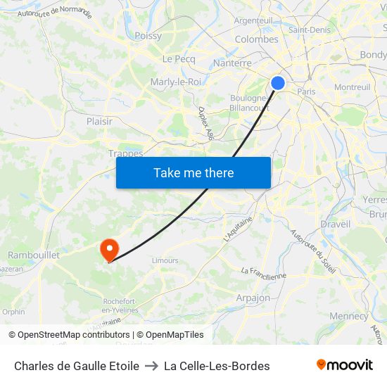 Charles de Gaulle Etoile to La Celle-Les-Bordes map
