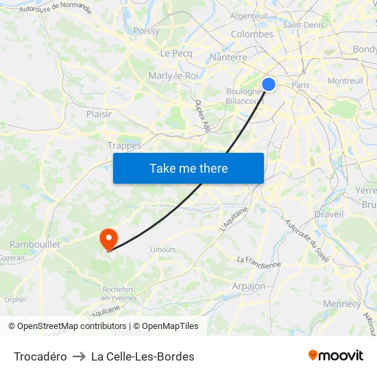 Trocadéro to La Celle-Les-Bordes map