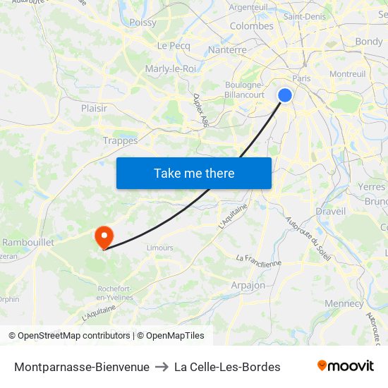 Montparnasse-Bienvenue to La Celle-Les-Bordes map