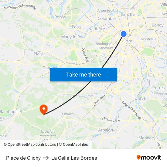 Place de Clichy to La Celle-Les-Bordes map