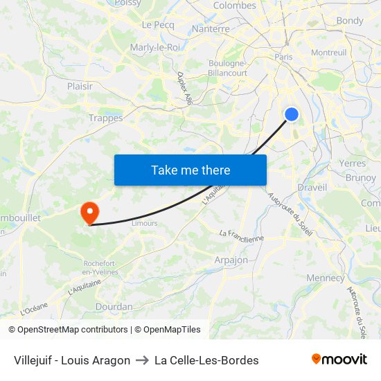 Villejuif - Louis Aragon to La Celle-Les-Bordes map