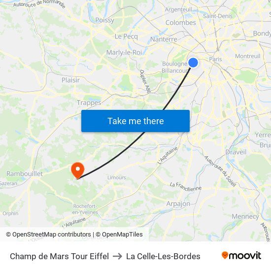 Champ de Mars Tour Eiffel to La Celle-Les-Bordes map