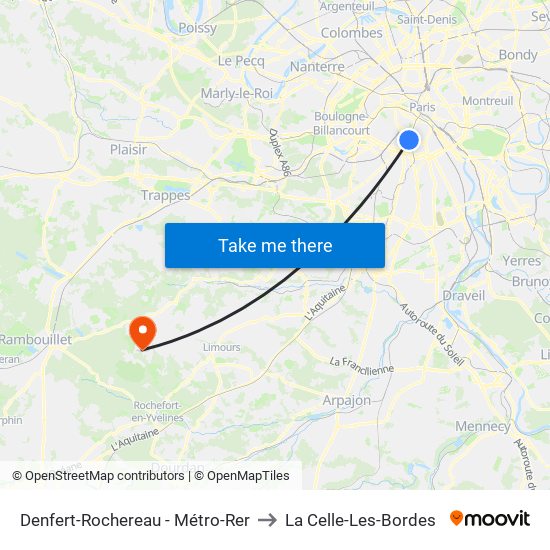 Denfert-Rochereau - Métro-Rer to La Celle-Les-Bordes map