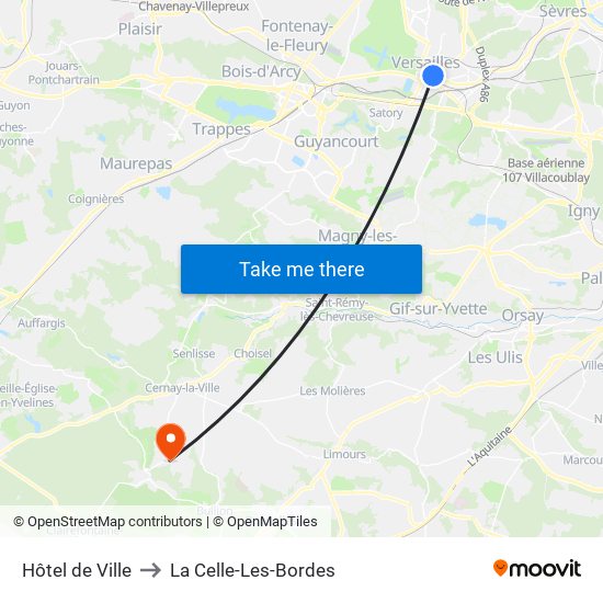 Hôtel de Ville to La Celle-Les-Bordes map