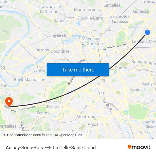 Aulnay-Sous-Bois to La Celle-Saint-Cloud map