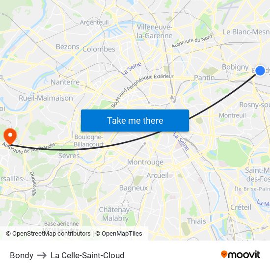 Bondy to La Celle-Saint-Cloud map