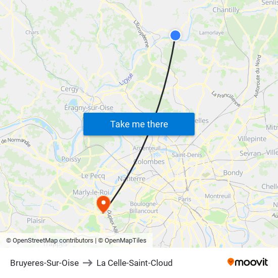 Bruyeres-Sur-Oise to La Celle-Saint-Cloud map