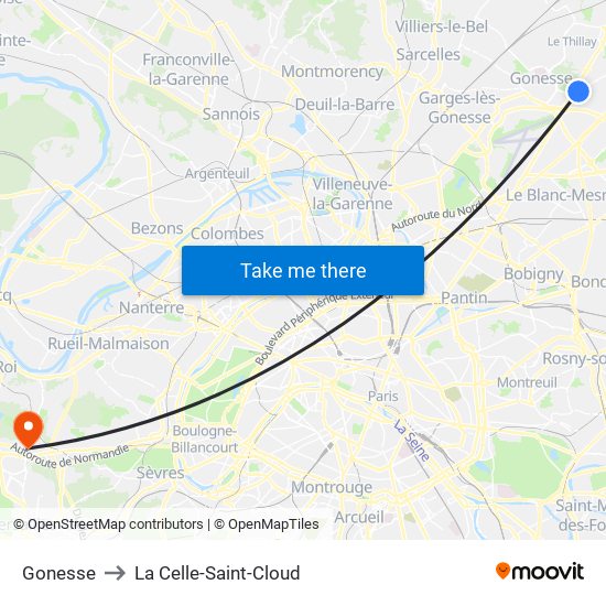 Gonesse to La Celle-Saint-Cloud map
