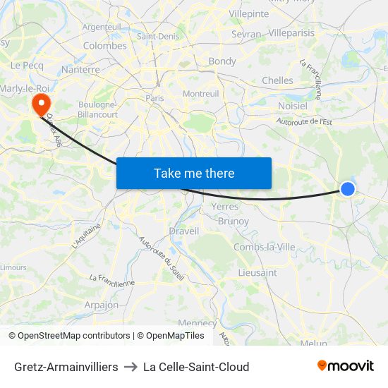 Gretz-Armainvilliers to La Celle-Saint-Cloud map