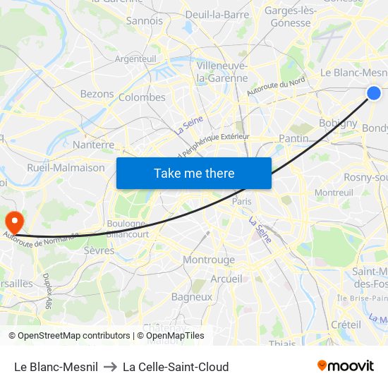 Le Blanc-Mesnil to La Celle-Saint-Cloud map