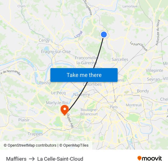 Maffliers to La Celle-Saint-Cloud map