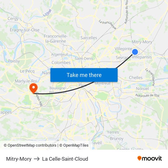 Mitry-Mory to La Celle-Saint-Cloud map