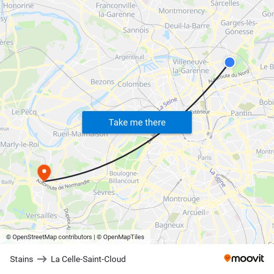 Stains to La Celle-Saint-Cloud map