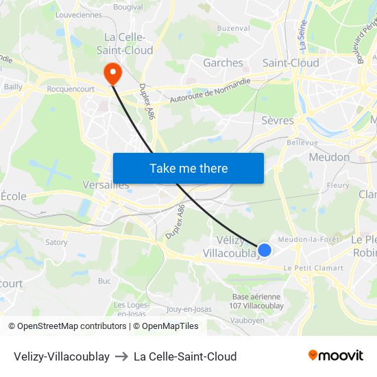 Velizy-Villacoublay to La Celle-Saint-Cloud map