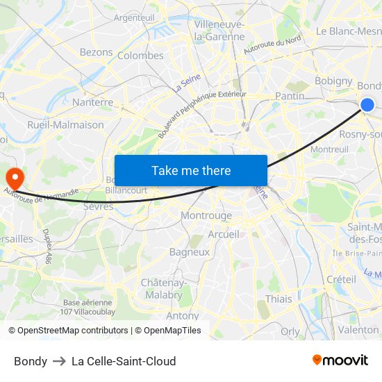 Bondy to La Celle-Saint-Cloud map