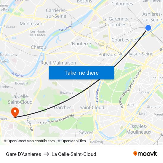 Gare D'Asnieres to La Celle-Saint-Cloud map