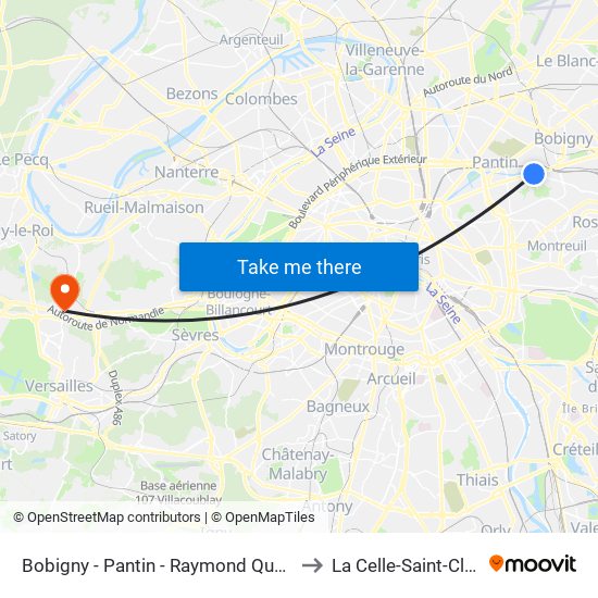 Bobigny - Pantin - Raymond Queneau to La Celle-Saint-Cloud map
