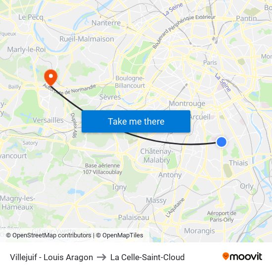 Villejuif - Louis Aragon to La Celle-Saint-Cloud map