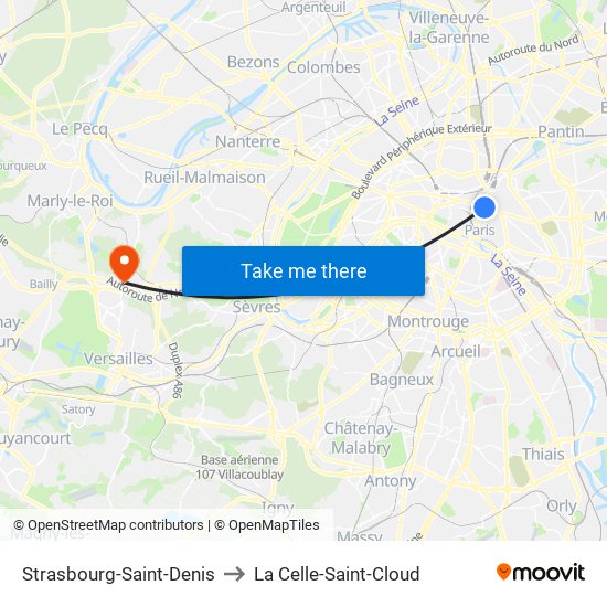Strasbourg-Saint-Denis to La Celle-Saint-Cloud map